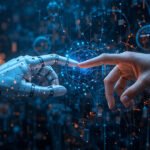 Political leaders in suits presenting AI technology whilst public service workers fade into the background, symbolising the prioritisation of tech hype over human expertise.