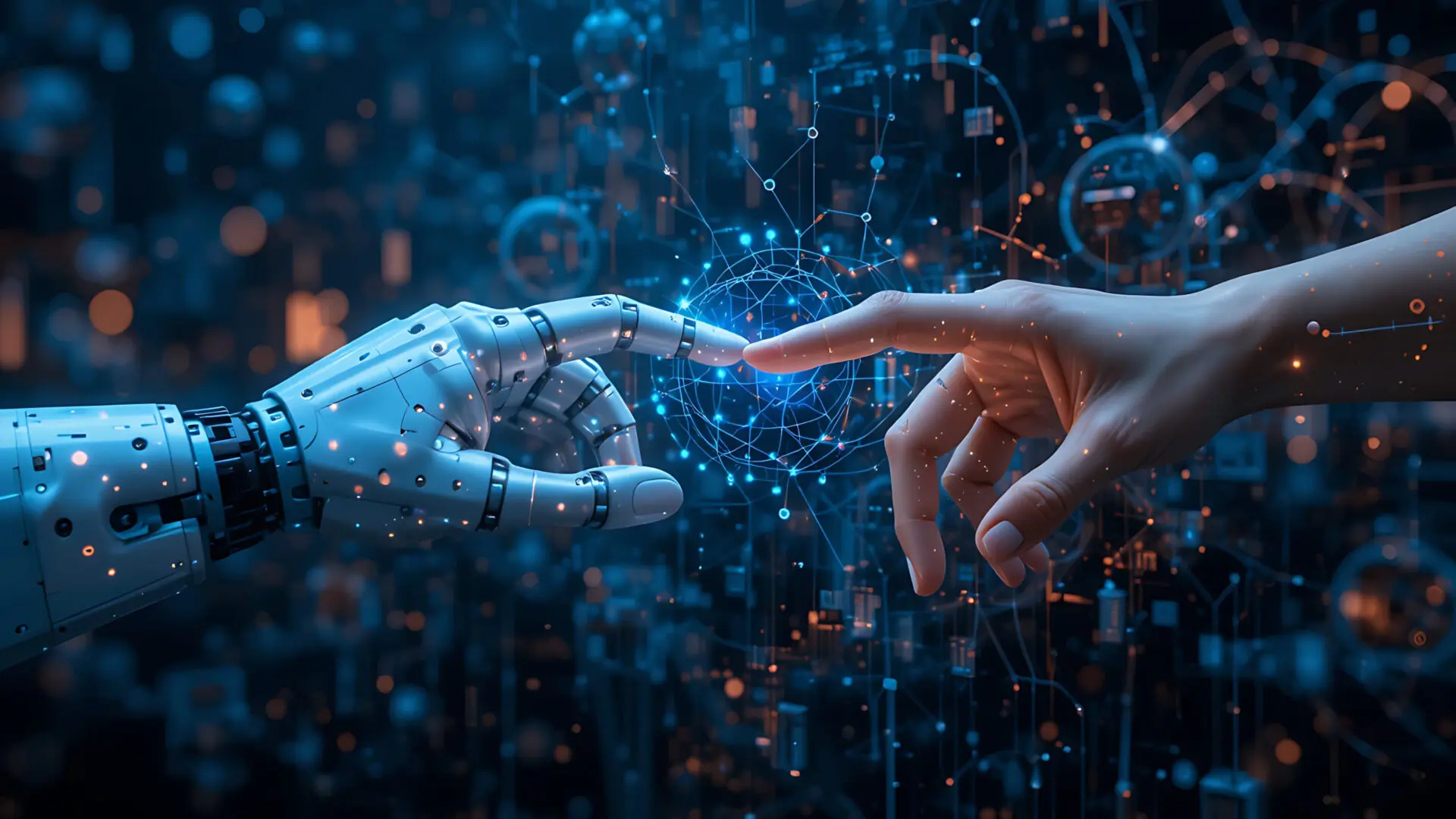 Political leaders in suits presenting AI technology whilst public service workers fade into the background, symbolising the prioritisation of tech hype over human expertise.