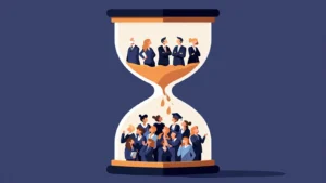 Professional business illustration showing an hourglass silhouette made of small human figures in business attire. Top section: diverse senior executives in confident poses. Bottom section: young graduates crowded together looking upward. Middle section: visibly empty, showing the 'squeeze' - just a few scattered figures falling through. Clean corporate color palette - navy blue, grey, white with subtle accent color. Modern, minimalist style. Convey professional anxiety and structural transformation. No text overlay. Suitable for business article header.