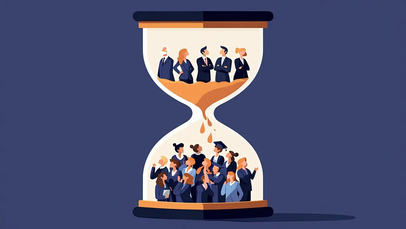 Professional business illustration showing an hourglass silhouette made of small human figures in business attire. Top section: diverse senior executives in confident poses. Bottom section: young graduates crowded together looking upward. Middle section: visibly empty, showing the 'squeeze' - just a few scattered figures falling through. Clean corporate color palette - navy blue, grey, white with subtle accent color. Modern, minimalist style. Convey professional anxiety and structural transformation. No text overlay. Suitable for business article header.